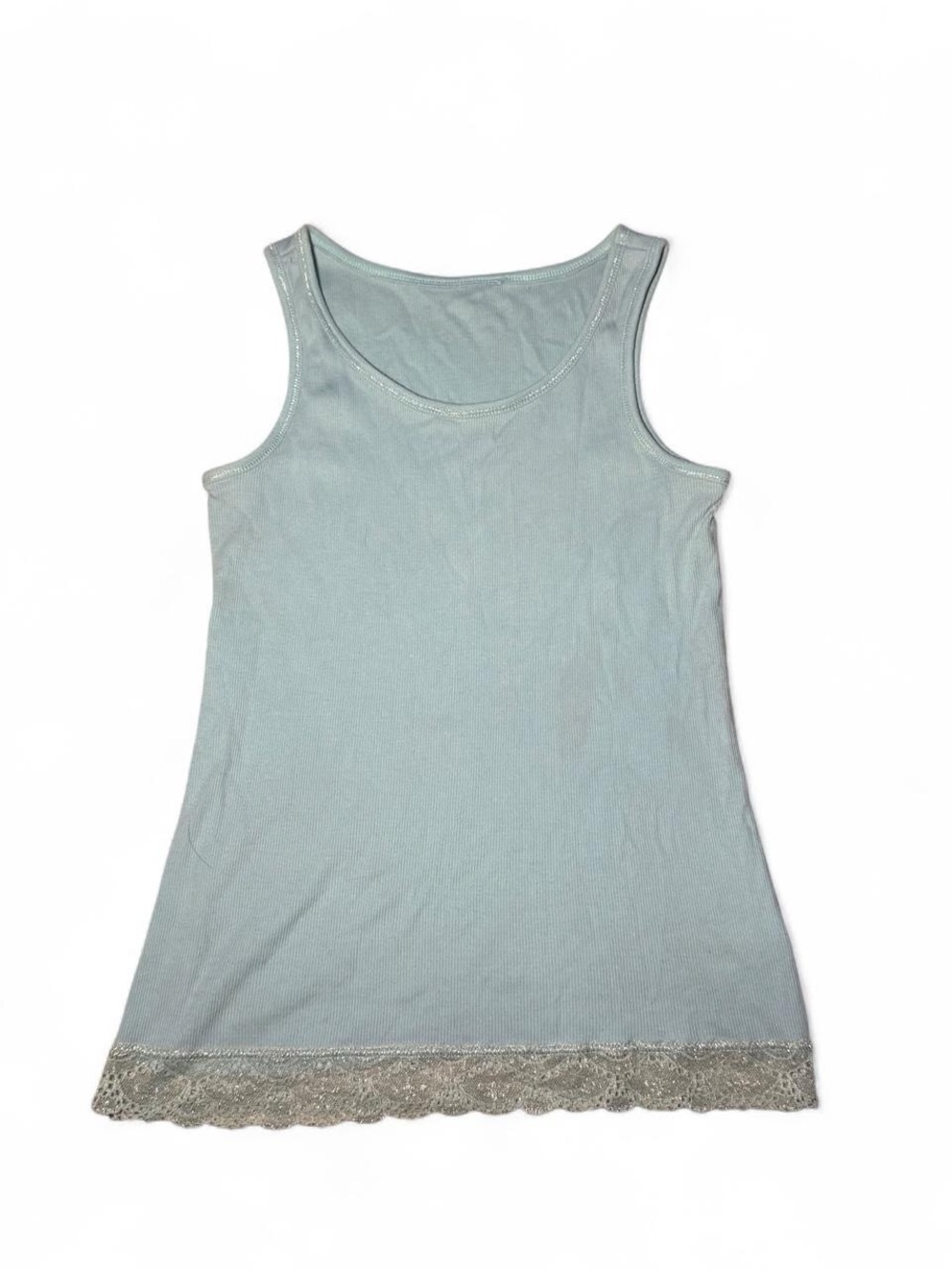 Y2K light blue tank top layering shiny lace trim☮️